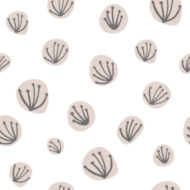 Basit karahindiba deseni. İskandinav tarzı. Şirin karahindiba tohumu. Organik arka plan. Kumaş tasarımı için dekoratif zemin, tekstil baskısı, ambalaj kağıdı, kapak. Vektör illüstrasyonu