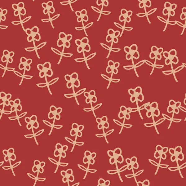 Naadloos Patroon Met Schattige Bloemen Rode Achtergrond Eenvoudige Stijl Doodle — Stockvector