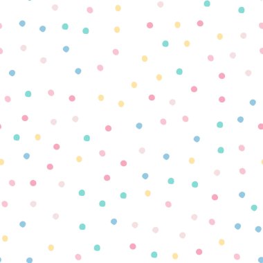 Beyaz arkaplanda rastgele noktalar var. Parti duvar kağıdı. Kumaş tasarımı için dekoratif zemin, tekstil baskısı, mutfak tekstili, ambalaj, kapak. Vektör illüstrasyonu.