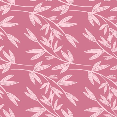 Pembe arka planda klasik yaprak dikişsiz desen. Retro çiçekli duvar kâğıdı. Vektör çizimi. Kumaş tasarımı, tekstil baskısı, ambalaj için dekoratif arkaplan.