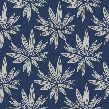 Soyut tomurcuksuz desen mavi arka planda izole edildi. Retro çiçekli duvar kâğıdı. Kumaş tasarımı için dekoratif zemin, tekstil baskısı, ambalaj, kapak. Vektör illüstrasyonu.