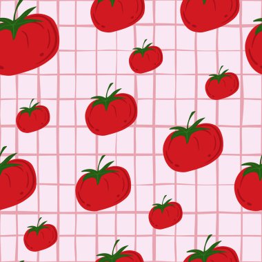 Domatesli klasik dikişsiz desen. Kırmızı domates. Organik sebze duvar kağıdı. Doodle vektör çizimi. Kumaş tasarımı için dekoratif zemin, tekstil baskısı, mutfak tekstili, ambalaj, kapak.