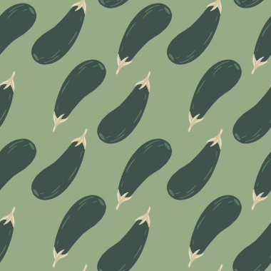 Geometrik patlıcanlar yeşil arka planda dikişsiz kalıplar. Patlıcan duvar kağıdı. Doodle vektör çizimi. Kumaş tasarımı için dekoratif zemin, tekstil baskısı, mutfak tekstili, ambalaj, kapak.