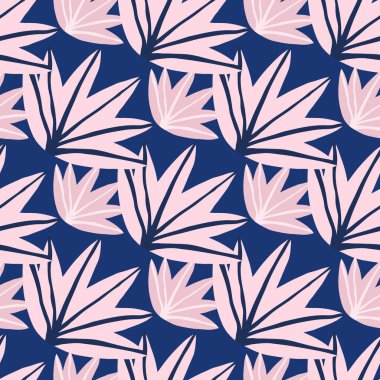 Çağdaş pembe tropikal yapraklar mavi arka planda pürüzsüz desen oluşturuyor. Tropik palmiye yaprağı karalama vektör çizimi. Moda yaratıcı tasarımı. Kumaş tasarımı, tekstil baskısı, ambalaj, kapak için.