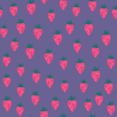 Rastgele, dikişsiz çilekler. Sonsuz çilek duvar kâğıdı. Kumaş tasarımı için dekoratif zemin, tekstil baskısı, mutfak tekstili, ambalaj, kapak. Vektör illüstrasyonu