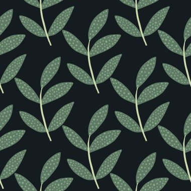 Geometrik dallar ve siyah arka planda dikişsiz desenler. Bitkisel yaprak sonsuz duvar kağıdı. Dekoratif süs vektör çizimi. Kumaş, tekstil baskısı, ambalaj kağıdı, kapak için tasarım.