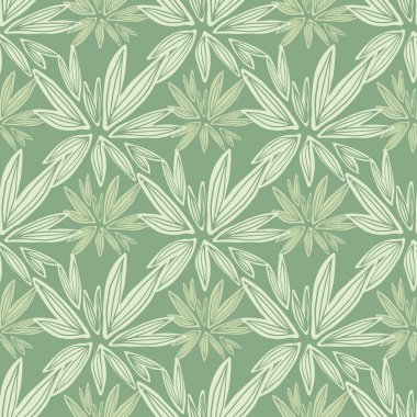 Yeşil arka planda, yaratıcı tomurcuk kusursuz desen. Retro çiçekli duvar kâğıdı. Vektör çizimi. Kumaş tasarımı, tekstil baskısı, ambalaj, kapak için dekoratif arkaplan.