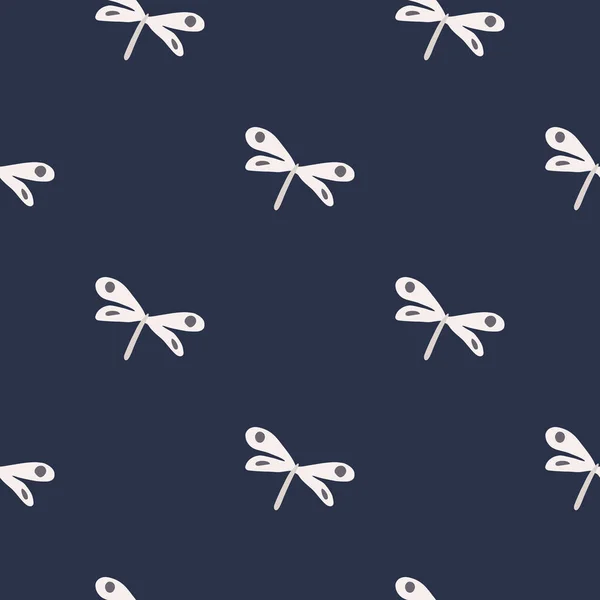 幾何学的な白トンボのシームレスなパターン青の背景に シンプルな手描きトンボの壁紙 ファブリックデザイン テキスタイルプリント ラッピング カバーのための装飾的な背景 ベクターイラスト — ストックベクタ