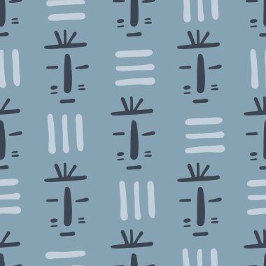 Mavi arka planda kabile maskesiz desen. Afrika etnik ve sonsuz duvar kâğıdı. Doodle stili vektör illüstrasyonu. Kumaş tasarımı, tekstil baskısı, ambalaj için dekoratif arkaplan.