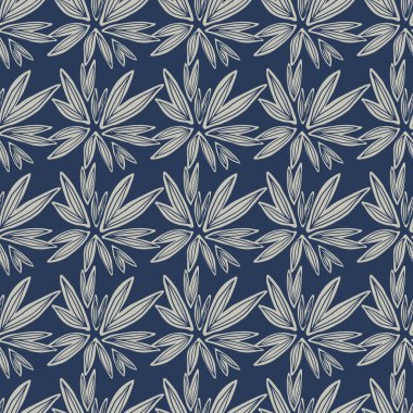 Mavi arka planda soyut geometrik tomurcuksuz desen. Retro çiçekli duvar kâğıdı. Kumaş tasarımı için dekoratif zemin, tekstil baskısı, ambalaj, kapak. Vektör illüstrasyonu.