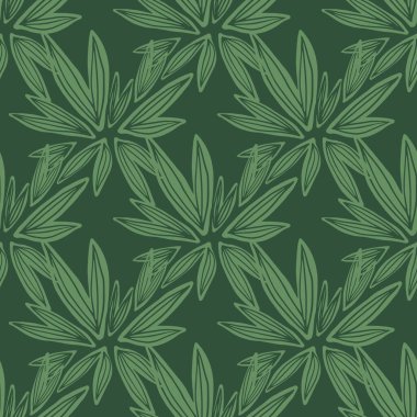 Koyu yeşil arka planda, yaratıcı tomurcuksuz desen. Retro çiçekli duvar kâğıdı. Vektör çizimi. Kumaş tasarımı, tekstil baskısı, ambalaj, kapak için dekoratif arkaplan.