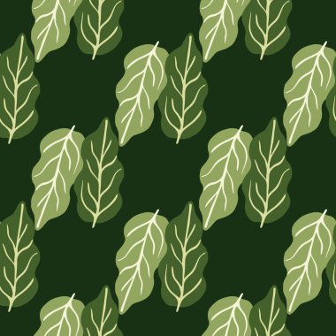 Siyah arkaplanda yeşil yapraksız desen. Botanik duvar kağıdı. Kumaş tasarımı, tekstil baskısı, ambalaj için dekoratif zemin. Vektör illüstrasyonu