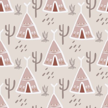 Sevimli çadırı kusursuz desen. Yerli tarzı. Kabile duvar kâğıdı. Kumaş tasarımı için dekoratif zemin, tekstil baskısı, ambalaj, kapak. Vektör illüstrasyonu