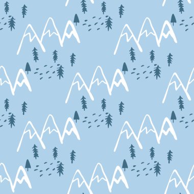 Mavi arka planda ağaçlar ve dağlar olan kusursuz bir desen. İskandinav sınırsız ormanlık duvar kağıdı. Kumaş tasarımı için dekoratif zemin, tekstil baskısı, ambalaj, kapak. Vektör illüstrasyonu.