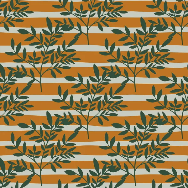 Green leaves silhouette seamless pattern on stripe. Tree branches wallpaper. Nature background. Decorative twigs. Vector illustration. Design for fabric, textile print, wrapping