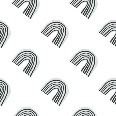 Geometrik gökkuşağı deseni beyaz arkaplanda. Soyut şekiller sonsuz duvar kağıtlarını şekillendirir. Kumaş tasarımı için dekoratif zemin, tekstil baskısı, ambalaj, kapak. Moda vektör illüstrasyonu.