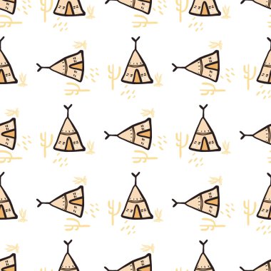 Beyaz arka planda izole edilmiş çadır ve kaktüssüz desen. El çizimi stili. Kabile duvar kâğıdı. Kumaş tasarımı için dekoratif zemin, tekstil baskısı, ambalaj, kapak. Vektör illüstrasyonu