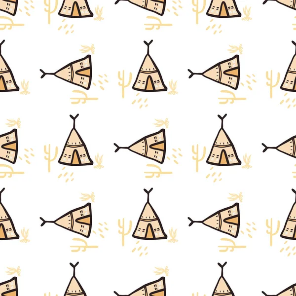 Beyaz arka planda izole edilmiş çadır ve kaktüssüz desen. El çizimi stili. Kabile duvar kâğıdı. Kumaş tasarımı için dekoratif zemin, tekstil baskısı, ambalaj, kapak. Vektör illüstrasyonu