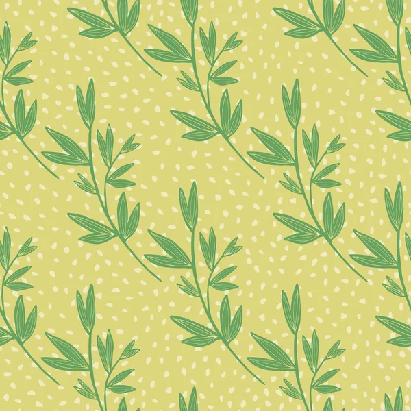 黄色の背景に葉とシームレスなパターン レトロな花の壁紙 ファブリックデザイン テキスタイルプリント 包装紙の植物装飾の背景 ベクターイラスト — ストックベクタ