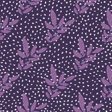 Noktalar üzerinde yapraklar olan el çizimi, kusursuz desenli dallar. Dekoratif yeşillik arkaplanı. Sonsuz vektör duvar kağıdı. Kumaş, tekstil baskısı, ambalaj kağıdı, kapak için tasarım.