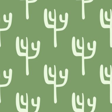 Yeşil arka planda kaktüsleri olan kusursuz desen. Çöl kaktüsü sonsuz duvar kağıdı. Kumaş tasarımı için dekoratif zemin, tekstil baskısı, ambalaj, kapak. Vektör illüstrasyonu.