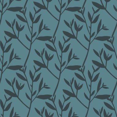 Yeşil arka planda yaprakların silueti olan kusursuz bir desen. Ağaç dalları duvar kağıdı. Dekoratif dallar. Vektör çizimi. Kumaş, tekstil baskısı, ambalaj kağıdı, kapak için tasarım.