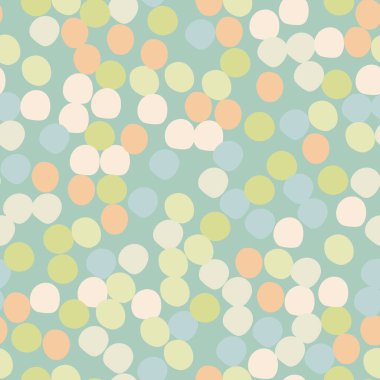 Retro stili polka yeşil arka planda noktasız desen oluşturur. Daire şekilleri duvar kağıtları. Kumaş tasarımı için dekoratif zemin, tekstil baskısı, ambalaj, kapak. Vektör illüstrasyonu.
