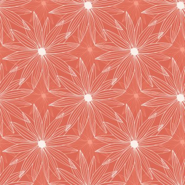 Kırmızı arka planda soyut çizgili papatya desenli papatya deseni. Modern çiçek duvar kâğıdı. Kumaş tasarımı için dekoratif zemin, tekstil baskısı, ambalaj, kapak. Vektör illüstrasyonu.