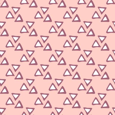 Pembe arka planda geometrik üçgen kusursuz desen. Yaratıcı karalama geometrik duvar kağıdı. Kumaş tasarımı için dekoratif zemin, tekstil baskısı, ambalaj, kapak. Vektör illüstrasyonu