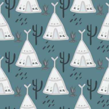 Yeşil arka planda şirin çadır deseni var. Yerli tarzı. Kabile duvar kâğıdı. Kumaş tasarımı için dekoratif zemin, tekstil baskısı, ambalaj, kapak. Vektör illüstrasyonu