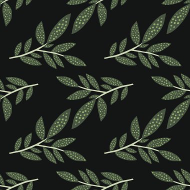 Siyah arkaplanda yaprakların silueti olan kusursuz bir desen. Ağaç dalları vektör duvar kağıdı. Doğa geçmişi. Dekoratif dallar. Kumaş, tekstil baskısı, ambalaj kağıdı, kapak için tasarım.