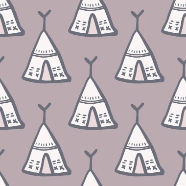 El yapımı kızılderili çadırı vektörsüz desen. Kabile çadırları bitmek bilmeyen duvar kağıtları. Kumaş tasarımı, tekstil baskısı, ambalaj, kapak için dekoratif arkaplan