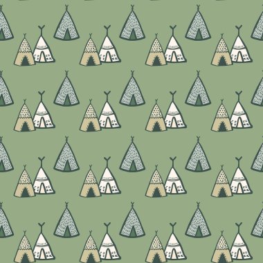 Yeşil arka planda el yapımı kızılderili çadırı vektörsüz desen. Kabile çadırları bitmek bilmeyen duvar kağıtları. Kumaş tasarımı, tekstil baskısı, ambalaj, kapak için dekoratif arkaplan