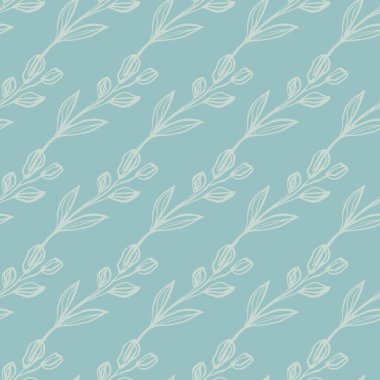 Geometrik çizgi, açık mavi arkaplanda kusursuz desen. Elle çizilmiş çiçek desenli botanik duvar kağıdı. Kumaş tasarımı, tekstil baskısı, ambalaj için arka plan. Moda vektör illüstrasyonu