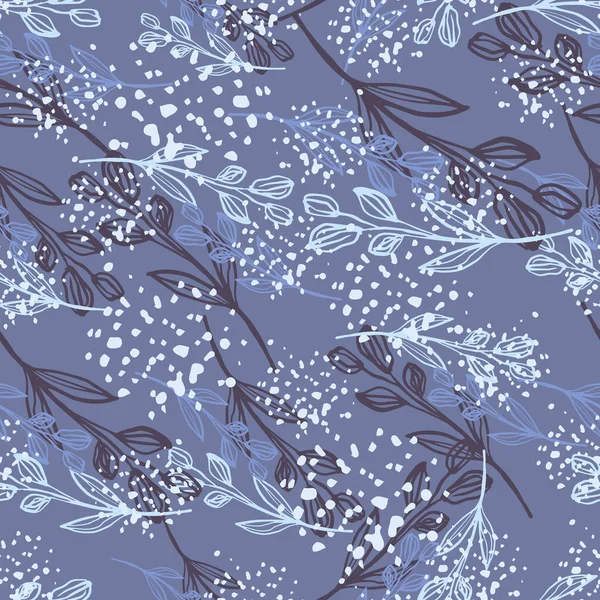 Grunge Ligne Art Fleur Motif Sans Couture Sur Fond Bleu — Image vectorielle