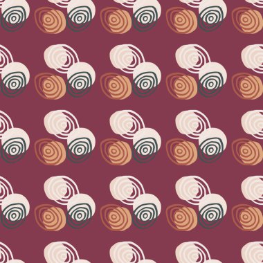 Burgundy arka planında turuncu, mavi ve beyaz spiraller. Geometrik soyut, dikişsiz desen. Paket kağıdı, duvar kağıdı, tekstil, kumaş baskısı. Vektör illüstrasyonu.