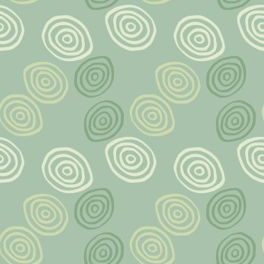 Pastel renklerde geometrik desen. Açık yeşil zemin üzerinde sarı, beyaz ve yeşil spiraller. Vektör çizimi. Kumaş tasarımı, tekstil baskısı, ambalaj, kapak için dekoratif arkaplan.