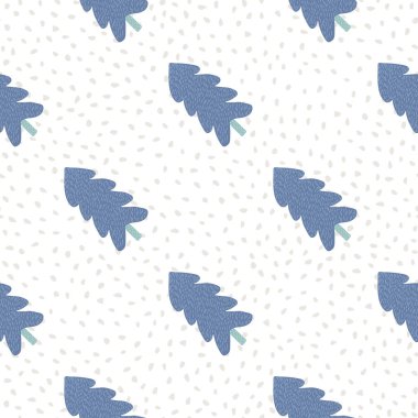 Beyaz arka planda benekli mavi köknar ağacıyla Noel deseni. Vektör çizimi. Kumaş tasarımı, tekstil baskısı, ambalaj, kapak için.