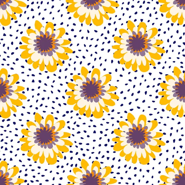 Sunny Flowers White Yellow Purple Colors White Background Dots Botanic — Stock Vector