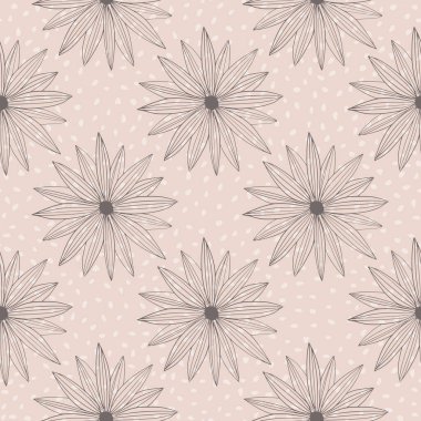 Pembe arka planda siyah çiçekli beyaz noktalı geçmişe dönük desen. Vektör çizimi. Parmak izi tasarımı ya da duvar kağıdı için. Eski bir süs. Modaya uygun çiçek dokusu. Dekoratif zemin