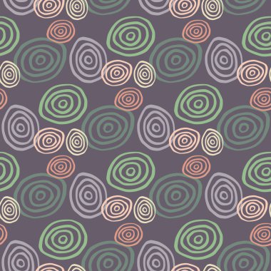 Koyu pastel tonlarda soyut desen. Mor arkaplan ve yeşil, mavi ve pembe spiraller. Vektör çizimi. Kumaş tasarımı, tekstil baskısı, ambalaj, kapak için dekoratif arkaplan.