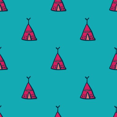 Yeşil arka planda el yapımı kızılderili çadırı deseni var. Kabile duvar kâğıdı. Kumaş tasarımı için dekoratif zemin, tekstil baskısı, ambalaj, kapak. Vektör illüstrasyonu