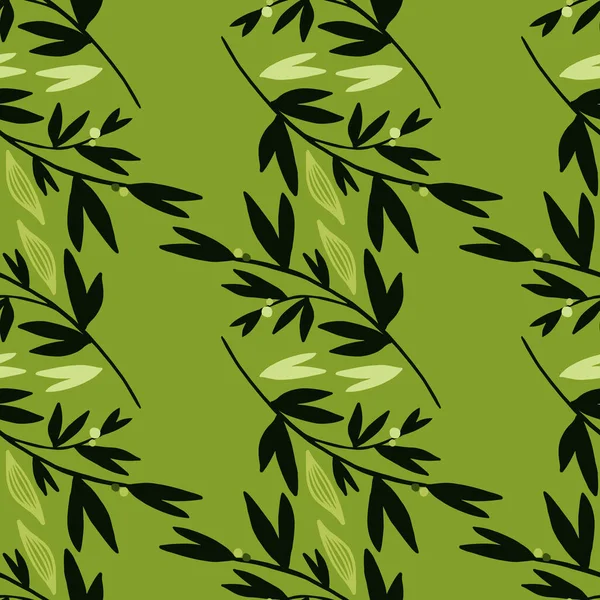 Botanisches Nahtloses Muster Mit Schwarzen Zweigen Auf Grünem Hintergrund Vektorillustration — Stockvektor