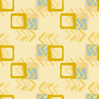 Zigzag şekilli ve kareli geometrik soyut desen. Sarı ve mavi renkli tasarım. Vektör çizimi. Çocuk kıyafetleri, ambalaj kağıdı, duvar kağıdı, tekstil baskısı.