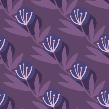 Mor tonlarda kusursuz desenli karahindiba saptandı. Ambalaj kağıdı, duvar kağıdı, kumaş, tekstil ve tasarım projeleri için mükemmel. Vektör illüstrasyonu.
