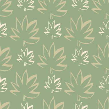 Bej ve beyaz renkli küçük ve orta marihuana yaprakları sonsuz duvar kağıdı. Esrarın ana hatları siluetsiz desenler. Vektör kumaş tasarımı