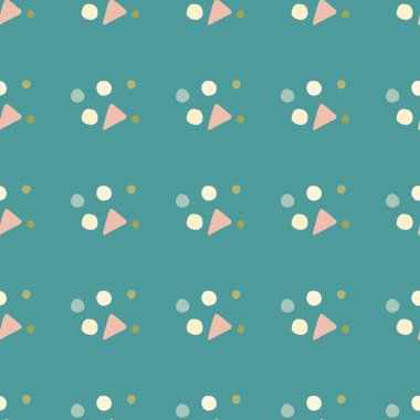Çemberler ve üçgenlerle, geometrik, soyut, dikişsiz desen. Turkuaz arka plan, pembe, beyaz ve mavi şekilli. Kumaş, tekstil, ambalaj kağıdı ve duvar kağıdı için mükemmel. Vektör illüstrasyonu.