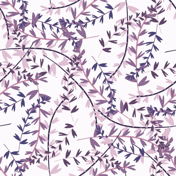 紫色の枝を持つランダムな分離植物シームレスパターン 白い背景の花の背景 流行のファブリックデザイン 包装紙 テキスタイルプリント ベクターイラスト — ストックベクタ