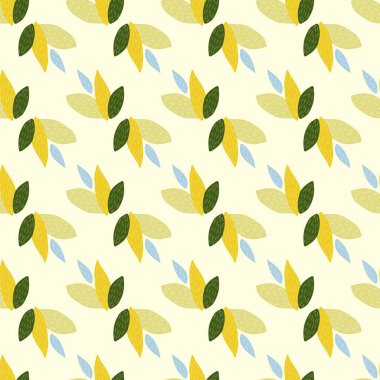 Yaprak süsüsüyle izole edilmiş parlak, pürüzsüz bir desen. Beyaz arka plan. Çocukça İskandinav tarzı. Tekstil, ambalaj kağıdı, duvar kağıdı, kumaş baskısı için tasarlanmış. Vektör illüstrasyonu.