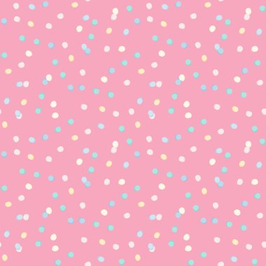 Pembe arka planı olan parlak, pürüzsüz bir benek deseni. Mavi ve beyaz elementler. Kumaş tasarımı için dekoratif zemin, tekstil baskısı, ambalaj kağıdı, kapak. Vektör illüstrasyonu.